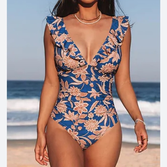 NWT Cupshe Women’s Floral Blue and Tan Ruffle One Piece Small Swimsuit - Picture 1 of 10
